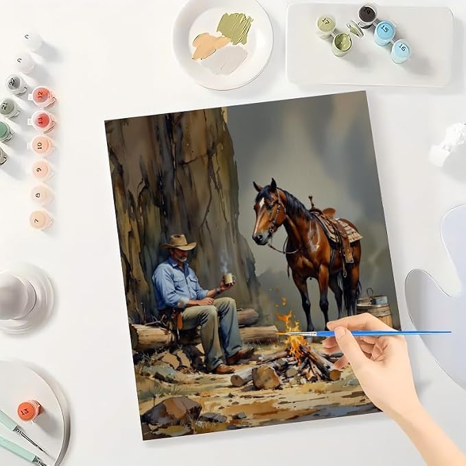 Western Landscape Paint by Numbers Kit for Adults – DIY Cowboy with Horse by Fire Painting on Canvas 16x20In, Acrylic Paint Set, Suitable for Beginners, Ranch Art for Home Decoration or Gifts