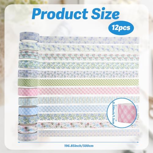 12 Rolls Floral Washi Tape Set, Pink Blue Watercolor Flowers Design for for Journaling, Scrapbooking, DIY Craft, Planners, Gift Wrapping, Back to School Art Supplies