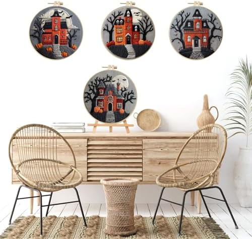LB 4-Pack Halloween Castle Embroidery Kit for Beginners: Fall Pumpkin and Black Tree Bat Cross Stitch Kit | Adults DIY Starter Kit Includes Embroidery Hoop, Colorful Threads, Tools and Instructions