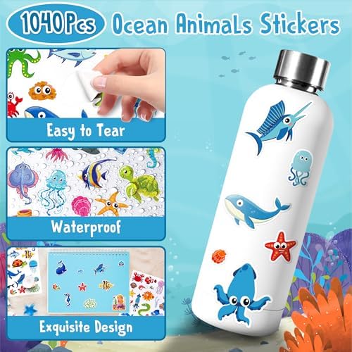 LINAYE 48 Sheets Ocean Stickers for Kids, 1040 Pcs Waterproof Under The Sea Fish Animal Stickers Ocean Under The Sea Party Favors Decorations Crafts for Kids