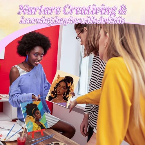 Blosssound 10 Set Pre Printed Canvas Pre Drawn Canvas Painting with Easel Kits 5" x 7" Outline Painting Panels for Beginners, DIY Craft Project, Home Decors(Black Women)