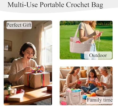Crochet Bag for Yarn Storage, Puffer Knitting Bag with Soft Handles, Lightweight Yarn Storage Organizer with Zipper for Crochet Accessories, Gifts for Crocheters (Brown)