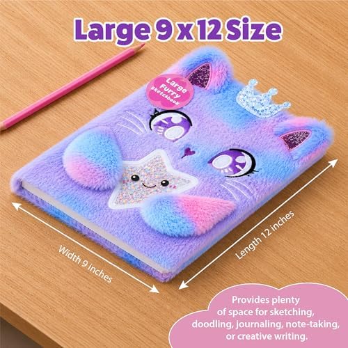 VOTUM Cat Princess Furry Sketchbook for Girls, 8x11 Plush Notebook with Crown & Star Charm, Soft Fluffy Journal & Diary for Drawing, Writing, Birthday, Christmas for Girls