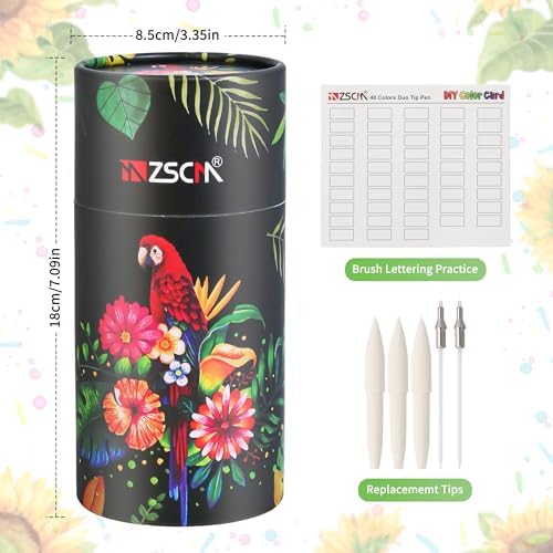 ZSCM 48 Colors Markers for Adult Coloring Books No Bleeding - Duo Tip Pens | Fine & Brush Coloring Marker for Adult Calligraphy, Illustration, Cards Drawing, Note taking Lettering, Journaling
