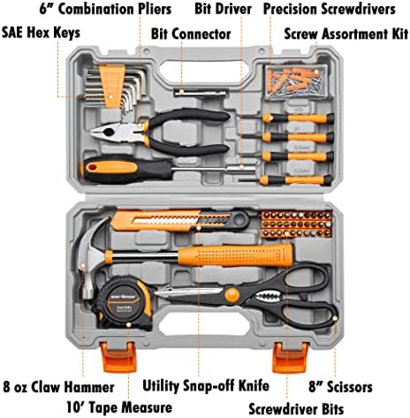 CARTMAN Complete Household Tool Set, Orange Hand Kit With Storage Case | Versatile tool assortment for home repairs, DIY projects, furniture setup, crafting, and daily household fixes in toolbox.