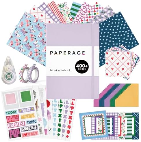 PAPERAGE Junk Journal & Scrapbook Kit, Hardcover Blank Journal Notebook, 20 Patterned Papers, 8 Sticker Sheets, 20 Die-Cut Shapes, 2 Washi Tapes & Tape Roller, Creative Journaling Supplies - Lavender