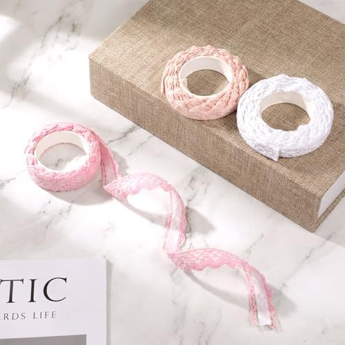 3 Rolls 0.6" Wide 2 Yards Self-Adhesive Lace Tape Lace Ribbon, Vintage Cotton Washi Trim Stickers Masking DIY Craft Decorative Tapes for Arts, DIY Crafts, Scrapbooking, Gifts Decoration, 3 Colors