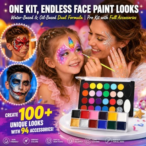 26-Color Water Activated Face Paint Palette+12-Color Body Paint Oil Palette