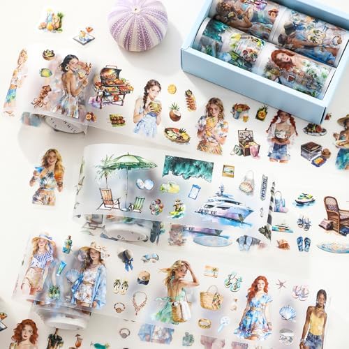 4 Rolls Summer Beach PET Tapes Pre-Cut Tape People Stickers | Transparent journaling Tape Sticker Sticker Rolls for Scrapbook Tape Decorative