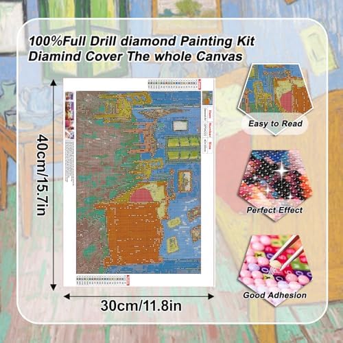 VeGuude Diamond Art Kits for Adults, Full Drill Van Gogh Bedroom in Arles Diamond Painting Kits for Beginners, DIY Full Rhinestone 5D Diamond dots (Gemstone Craft), Home Wall Decoration (12x16 inch)