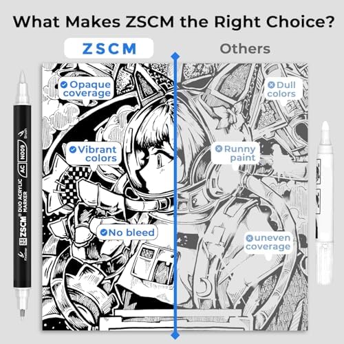 ZSCM 12 White Acrylic Paint Markers, Dual Fine & Brush Tip Acrylic Pens