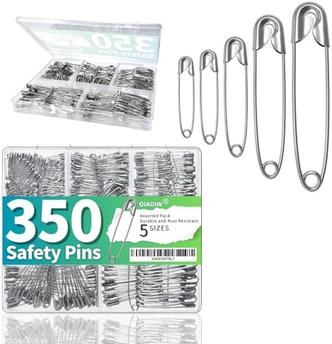 350 Pack Silver Safety Pins for Clothes 5 Assorted Sizes Strong Heavy Duty