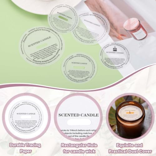 MECCANIXITY 35 Pcs Candle Dust Covers, 8.5cm/3.4" Round Printed Translucent Candles Drip Protectors Lid Accessories Letter Pattern for Craft Fragrance Making Jars Boxes Packaging