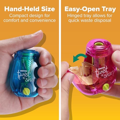 Bostitch Office Pencil Sharpener, Manual, One Assorted Color, Twist-n-Sharp, Kids, Boys, Girls, Colored Pencils, 1 Pack