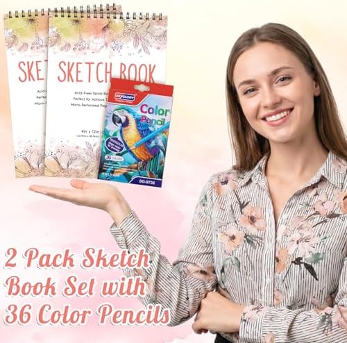 2 Pack Sketch Books for Kids 9 × 12In, 100gsm Drawing Pad with 36 Pencils