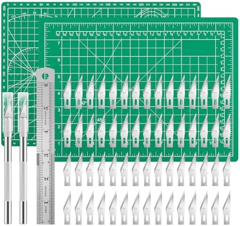 2PCS Craft Knife Hobby Knife with 60PCS Spare Exacto Knife Blades #11, Cutting Mat (A4), A Ruler, HEADLEY TOOLS Precision Exacto Knife Set Ideal for Crafting, Scrapbooking, Arts, DIY, Stencil, Carving