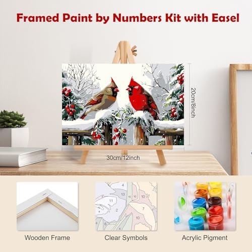 MOGTAA Christmas Paint by Numbers Kit for Adults Beginners with Frame, Winter Cardinal Adult Paint by Number Kits on Canvas with Easel, Easy DIY Oil Painting Kits for Home Decor, 8x12in