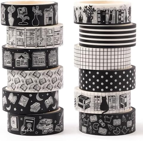 BkeeCten12 Rolls Black White Reading Book Library Theme Designs Washi Tape