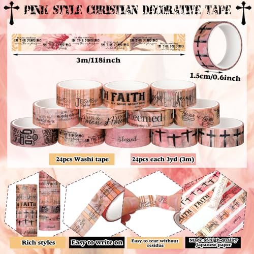 24 Rolls Christian Washi Tape Gifts for Bible Journaling, Pink
