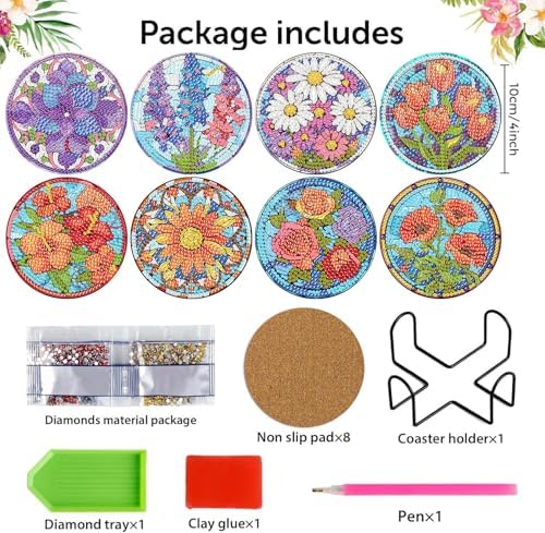 Meothan 8 Pcs Flowers Diamond Art Coasters Kit for Adults with Holder 4x4in