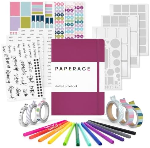 PAPERAGE Bullet Journal Kit, Dotted Journaling Set & Stationary Kit, Hardcover Dotted Journal Notebook (Raspberry), 12 fineliner Pens, 8 Sticker & 3 Stencil Sheets, 6 Washi Tapes