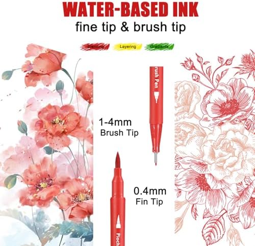 Piochoo Art Brush Markers Pens for Adult Coloring Books, 24 Colors Dual Tip (Brush and Fine Point) Marker Pen for Journaling Note taking Planner Hand Lettering Art Suppliers