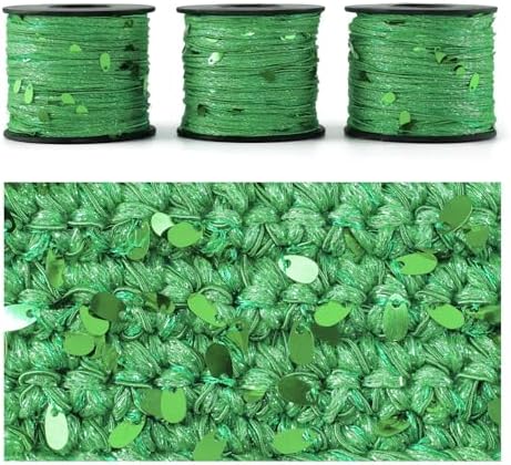 Artisanal Yarn Collection Multifiber Fancy Yarn for Knitting Crocheting Crafts DIY, Set of 3 Rolls (Grass Green Teardrop Sequins)