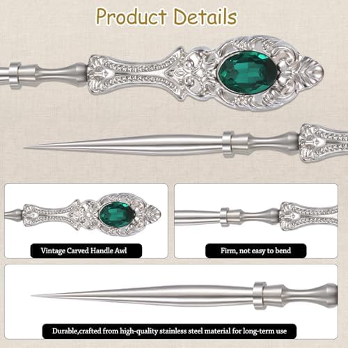 2Pcs Metal Embroidery Awl Set, European Vintage Carved Handle Scratch Awl, Sharp Sewing Awl Tool for Sewing with Storage Cases, Durable and Leather Punch Stitching DIY Craft(Silver)