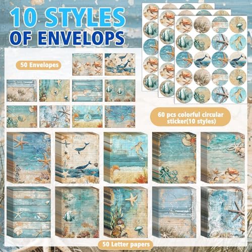 TaoBary 160 Pcs Ocean Stationery Paper and Envelopes Set, 5.5 x 8.25''