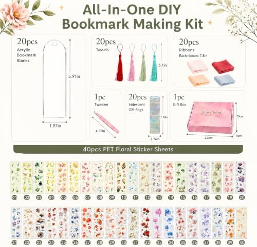 DIY Bookmark Making Kit, 20 Clear Acrylic Bookmark Blanks 5.9 x 2 in with PET Floral Bookmark Stickers, Tassels, Ribbons, Gift Bags, Bookish Gifts for Book Lovers, Book Club Crafts, Readers