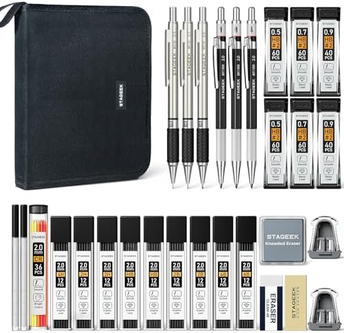 STAGEEK Mechanical Pencil Set with Canvas Bag 30 Count, Drawing Pencils 0.5, 0.7, 0.9MM & 3PCS 2MM Sketching Pencils with 464PCS Lead Refills (6B 4B 2B HB 2H 4H Color) for Artist Drafting Drawing