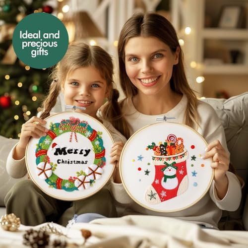 wtisan Christmas Embroidery Kit, Cross Stitch Kits for Beginners, Needlepoint with All Tools & Instructions, Stamped Hand Embroidery Starter Kit for Holiday Crafts & Xmas Home Decor, W10