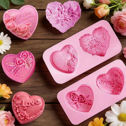 Silicone Heart Molds, 4 Types 3D Heart Shaped Soap Molds Love Chocolate Molds Silicone Molds for Soap Making Candy Cake Candle Wedding Valentine's Gift