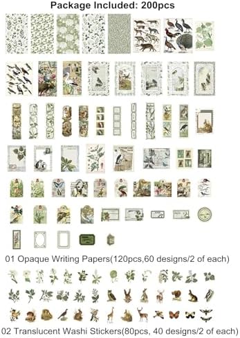Esweny 200PCS Vintage Scrapbooking Supplies Pack, Aesthetic Scrapbook Sticker Paper Art Journaling Kit for Junk Journals,Planner,Cottagecore Decor Gifts (Green Series)