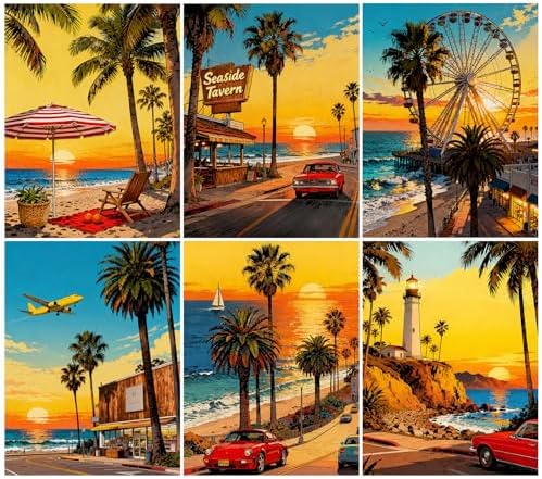 DOTSOPS 6 Pack Coastline Diamond Painting Kits for Adults Round Full Drill