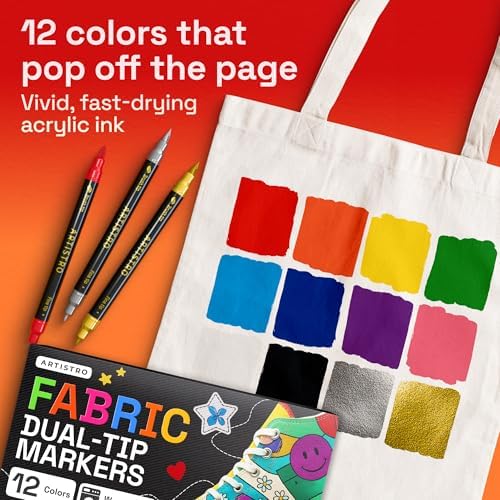 ARTISTRO 12 Dual-Tip Fabric Markers Decorating Kit, Permanent for Clothes