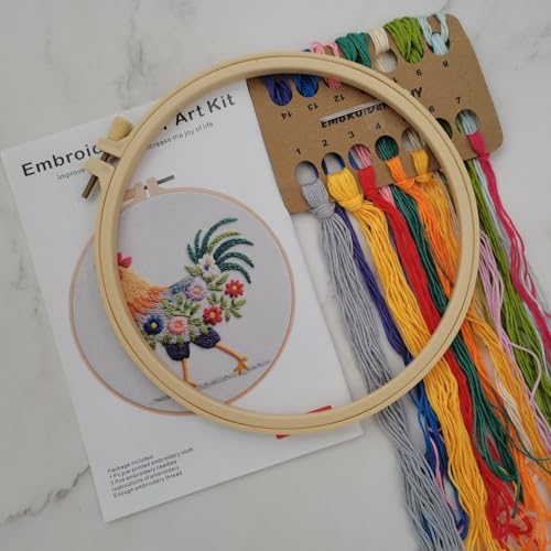 Esffaci Embroidery Starter Kit for Adult Beginner with Funny Rooster Flowers Pattern Hand Embroidery Set with Cloth Hoop Needle Threader Floss and Instruction