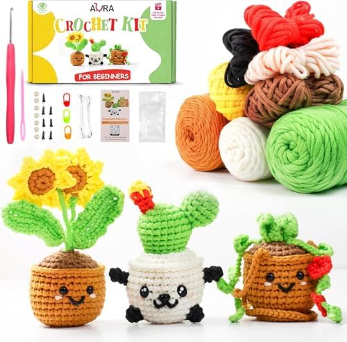 A-URA Learn to Crochet Kit for Beginners Kids and Adults, Premium 4 Animal Pattern Beginner Crochet Kits with Easy Tube Yarn & Step-by-Step Video Tutorials (Plants Crochet Kits)