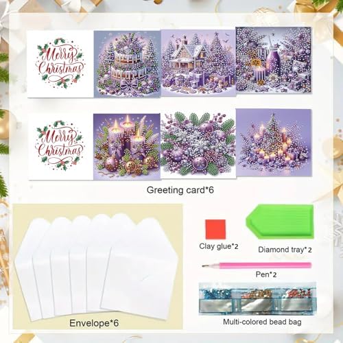 6Pcs Christmas Greeting Card DIY Diamond Art Painting Greeting Cards Blessing Folding Card Kit with White Envelopes Diamond Arts Crafts for Birthday Festival Gift-Purple