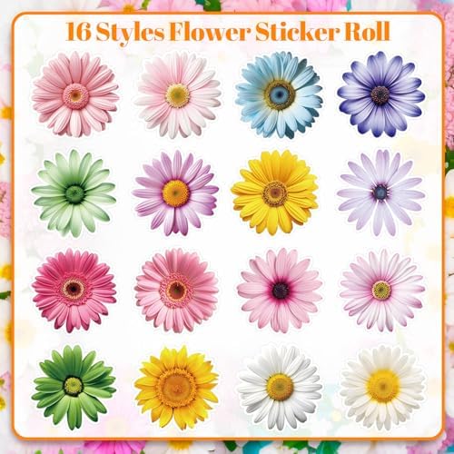 1200 PCS Daisy Stickers, 16 Styles Flower Stickers Roll