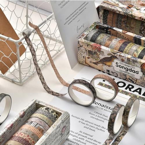 20 Rolls Skinny Vintage Washi Tape Set Retro Arts Adhesive Tapes Basic Patterns Decorative Masking Tape Sets for Craft, Kids, Scrapbook, DIY, Gift Wrapping (First Encounter)