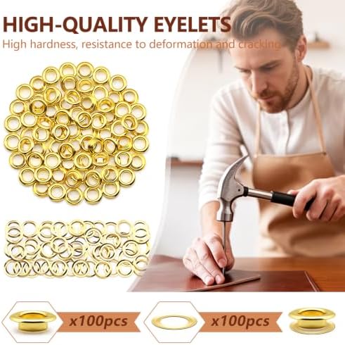 SEMINI 100 Sets 10mm Gold Grommet Eyelet Kit for Fabric Leather Crafts