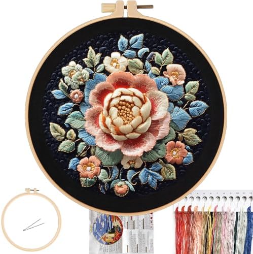 FONNUY Floral Embroidery Kit, Cross Stitch Kits for Beginners, Handmade Crafts with Printed Patterns for Beginner Adults, Easy to Follow Color Thread Needlework, 8'' Hoop (Full Bloom)