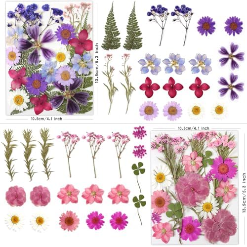 LUXEEASE 80P Yellow Red Pink Blue Dried Pressed Flowers | Fresh natural color mix, blooms and leaves ready to craft, for resin jewelry scrapbook candle frame decor, tweezers included