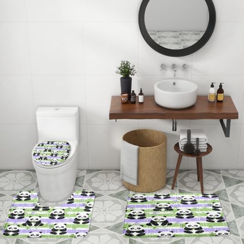 Funny Cute Japanese Panda 4 Piece Shower Curtain Sets,Abstract Cartoon Baby Panda Bears Non-Slip Rugs,Toilet Lid Cover and Bath Mat,Spring Forest Bamboo Print Bathroom Decor Set