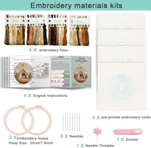 Harimau Adult Beginner Embroidery Starter Kit, Complete Set with 4 Patterns, 2 Hoops, Needles, Scissors, Instruction Guide & Stitching Video Tutorials