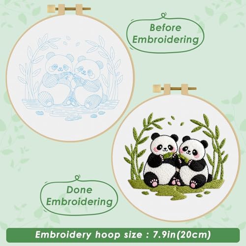 ERKOON Embroidery Kit for Beginners Adult, Cross Stitch Set Include Embroidery Cloth Hoop Threads for Craft Lover Hand Stitch with Embroidery Skill Techniques (Panda)