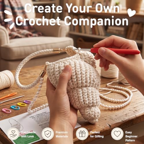 FACE N FACE DIY Crochet Conch Shell Crossbody Bag Kit for Beginners – Handmade Yarn Purse Making Set with Flat Rope, PU Leather Handle, Pearl Chain Strap & Instructions