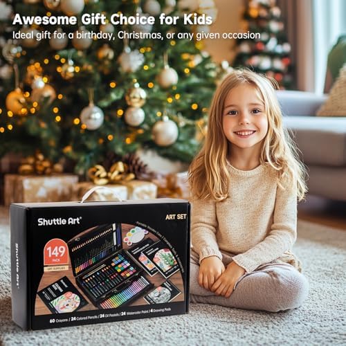 Shuttle Art 149 Piece Deluxe Art Set, Art Supplies in Wooden Case, Painting Drawing Art Kit with Crayons Colored Pencils Oil Pastels Watercolor Cakes Coloring Book Sketch Pad for Kids Adults
