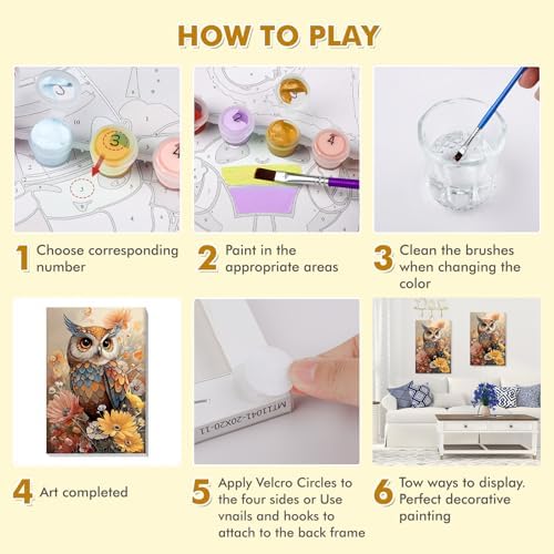 Bowetile Paint by Numbers Owl Kit for Adults, Framed Painting by Numbers Animal, Adults' Paint-by-Number Kits on Canvas, Acrylic Flower Number Painting Gifts for Home Wall Decor, 8x12in